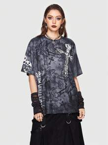 ROMWE Grunge Punk Hình ảnh Skull & chữ cái Áo thun Thả vai - Nhiều màu - Xem 1