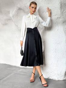 SHEIN Privé Rock mit hoher Taille, Knopf vorne - Schwarz - Übersicht 5