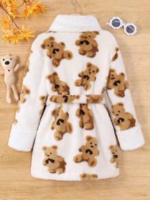 SHEIN 女大童小熊印花腰帶絨毛外套無毛衣 - 米色 - 查看 2