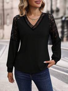 EMERY ROSE Áo thun tay áo Raglan có ren tương phản - màu đen - Xem 3