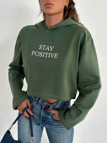 RueChic Slogan Graphic Drop Shoulder Hooded Crop Tee - Green - View 1