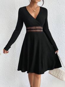 SHEIN Frenchy Guipure Lace Insert Surplice Neck Dress Winter Black - Black - View 6