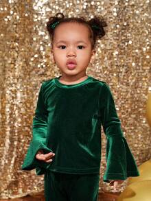 SHEIN 女嬰喇叭袖絲絨上衣&喇叭褲