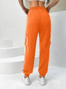 Drawstring Waist Flap Pocket Side Cargo Pants - Orange - View 2