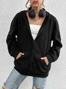 INAWLY Solva 纯色拉链落肩连帽衫，长袖上衣