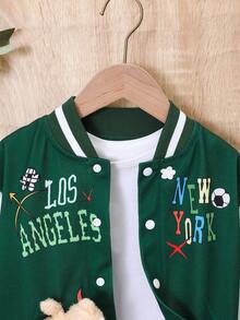 SHEIN 年輕女孩標語圖案熊裝飾條紋飾邊校隊夾克 - 綠色 - 查看 4