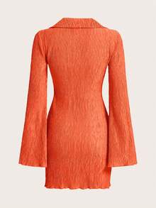 SHEIN Qutie 素色木耳邊喇叭袖緊身洋裝 - 橘色 - 查看 2