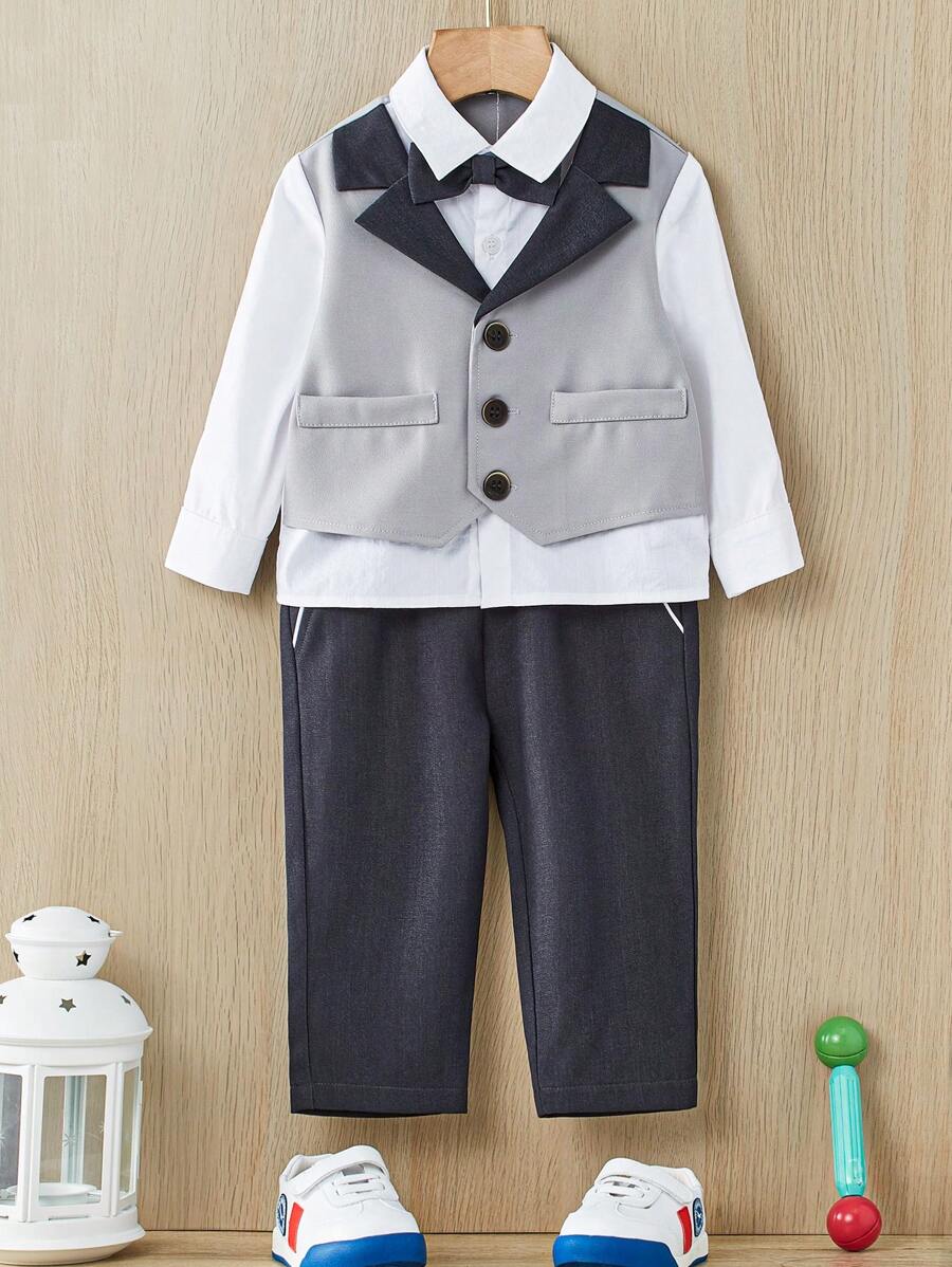 Baby Boy Bow Front 2 In 1 Shirt & Pants - Grey - View 1