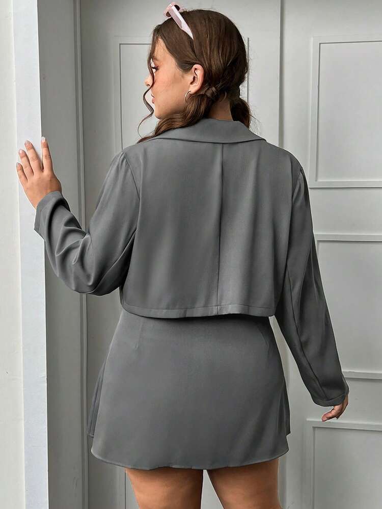 Plus Lapel Neck Single Button Crop Blazer & Pleated Skirt