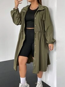 SHEIN EZwear 大碼腰部抽繩前紐扣連帽外套 - 軍綠色 - 查看 6
