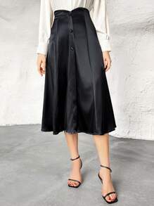 SHEIN Privé Rock mit hoher Taille, Knopf vorne - Schwarz - Übersicht 4