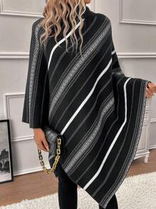 SHEIN LUNE Striped Pattern Turtleneck Batwing Sleeve Knit Poncho - Multicolor - View 5