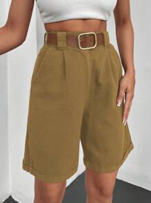 RueChic Slant Pocket Bermuda Belted Denim Shorts - Camel - View 3