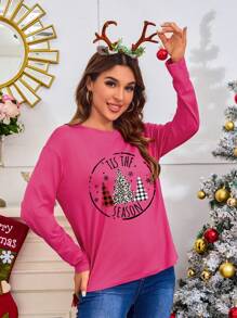 SHEIN EZwear 聖誕圖案T恤 - 玫紅色 - 查看 3