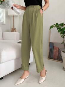 DAZY High Waist Plicated Detail Roll Up Hem Pants - Green - View 1