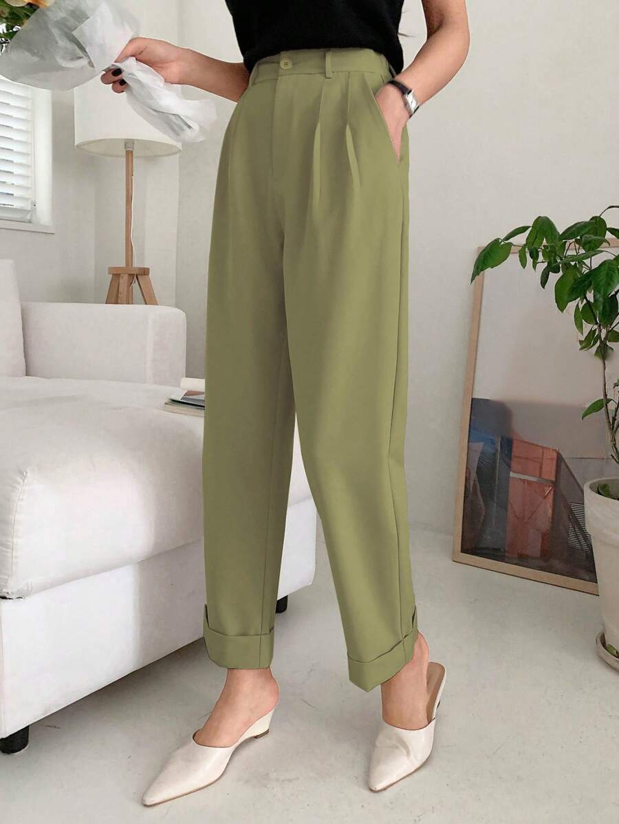 DAZY High Waist Plicated Detail Roll Up Hem Pants - Green - View 1