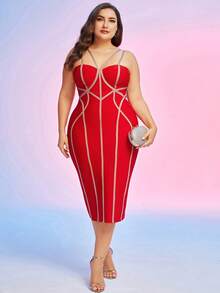 ADYCE Cộng với váy bodycon có độ tương phản - Đỏ - Xem 3