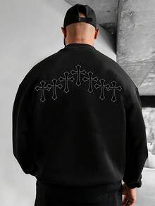 男款十字印花下垂肩鬆身運動衫 - 黑色 - 查看 4