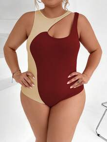 Celure Plus Two Tone Cut Out Tank Bodysuit - Multicolor - View 3