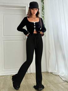 SHEIN EZwear SpringSolid 秋冬抽绳腰喇叭腿针织裤 - 黑色 - 查看 5