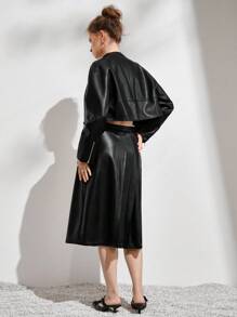 SHEIN Unity 拉鏈開襟PU皮革短夾克 - 黑色 - 查看 6