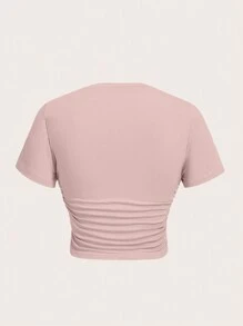 SHEIN EZwear Hand Print Ruched Crop Tee - Pink - View 2