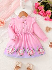 女嬰印花荷葉邊洋裝 - 粉色 - 查看 3