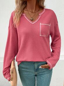 SHEIN LUNE Notched Neckline Drop Shoulder Pocket Patched Waffle Knit Tee - Dusty Pink - View 1