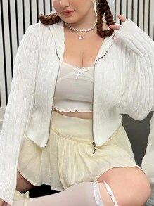 SHEIN Qutie Plus Zip Up Cable Knit Cardigan - White - View 1