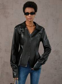 Aveloria Solid PU Leather Button Front Shirt Fall Cloth For Women - Black - View 4