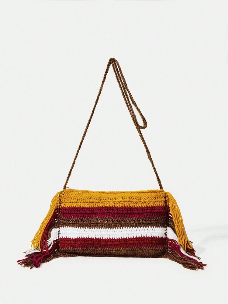 Ladies' Fashionable Color Block Woven Crossbody Bag