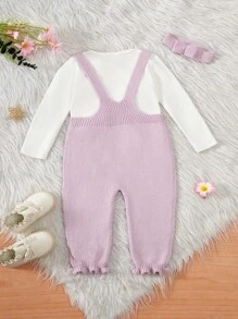 女嬰1入組前蝴蝶結針織連身褲和1入組頭帶 - 淡紫色 - 查看 2