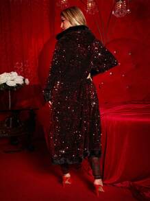 SHEIN SXY Sequin Sheer Longline Hooded Coat - Red - View 2