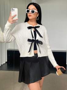 SHEIN Privé Plus Bow Front Drop Shoulder Cable Knit Cardigan In Fall/Winter - White - View 3