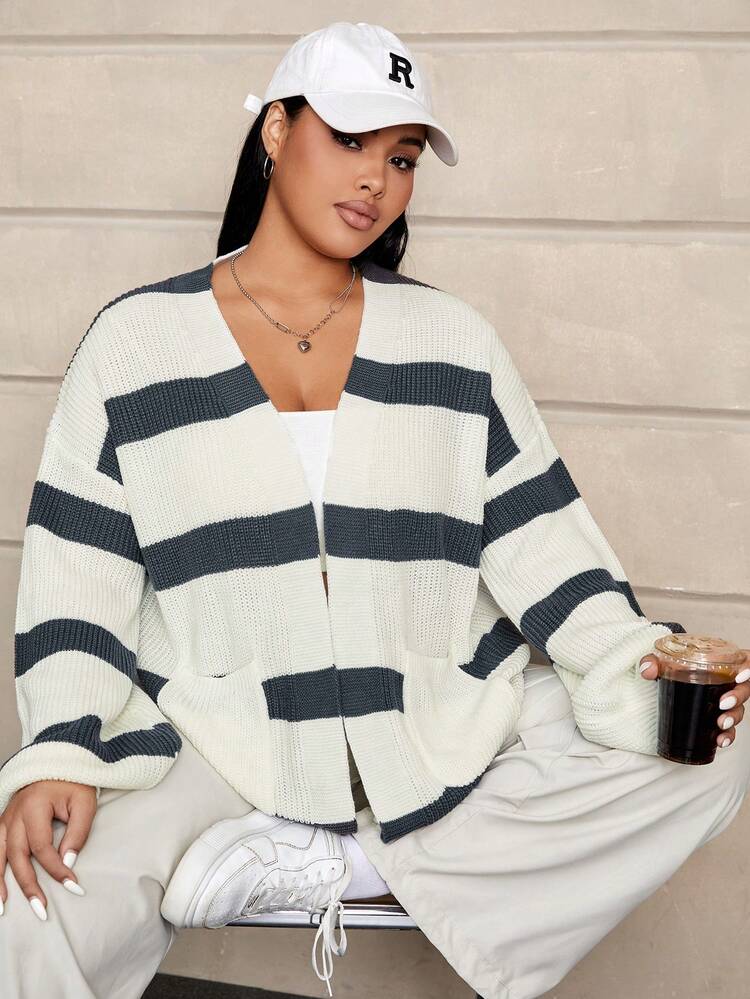 Plus Size Striped Pattern Drop Shoulder Cardigan
