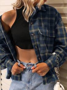 EMERY ROSE Plaid Print Drop Shoulder Flap Pocket Jacket Fall Winter Cloth For Women - Navy Blue - View 5