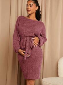 SHEIN Maternity Drop Shoulder Belted Bodycon Dress - Dusty Pink - View 4