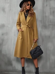 SHEIN LUNE Lapel Neck Pocket Patched Belted Overcoat - Khaki - View 4