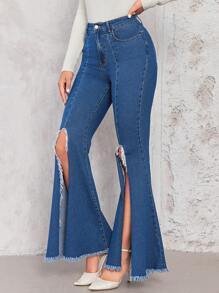 SHEIN Privé Split Thigh Flare Leg Jeans - Dark Wash - View 6