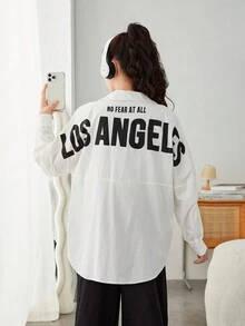 青少年女孩字母圖案落肩襯衫 - 白色 - 查看 2