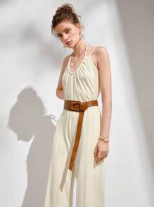 素色繞頸連體褲不附腰帶 - 米色 - 查看 1