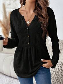 SHEIN LUNE 缺角領落肩荷葉邊T恤 - 黑色 - 查看 3