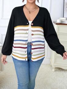 Calvaya Plus Striped Pattern Lantern Sleeve Cardigan Fall Cloth For Women - Multicolor - View 6