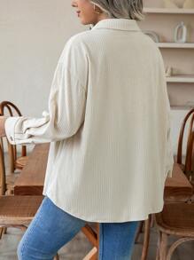 SHEIN Essnce Plus Flap Pocket Drop Shoulder Corduroy Jacket - Beige - View 2