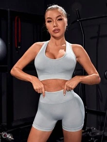 無縫高彈力運動型胸罩帶騎行褲 - 淺灰色 - 查看 3