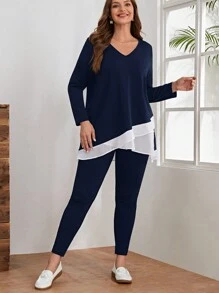 EMERY ROSE Plus Contrast Panel Top & Pants - Navy Blue - View 4