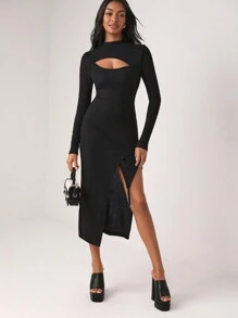 Tephy Designer Cut Out Front Split Thigh Elegant Dress, For Holiday, Vacation - Black - View 1