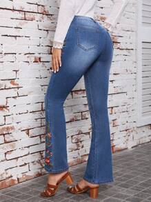 SHEIN LUNE 花卉刺繡牛仔喇叭褲 - 黑色 - 查看 2