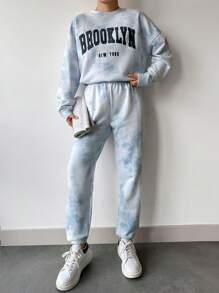 EURMUSE Tie Dye Letter Graphic Drop Shoulder Sweatshirt & Sweatpants - Multicolor - View 4
