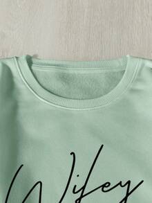 SHEIN EZwear 字母圖案加絨內裏運動衫 - 綠色 - 查看 4